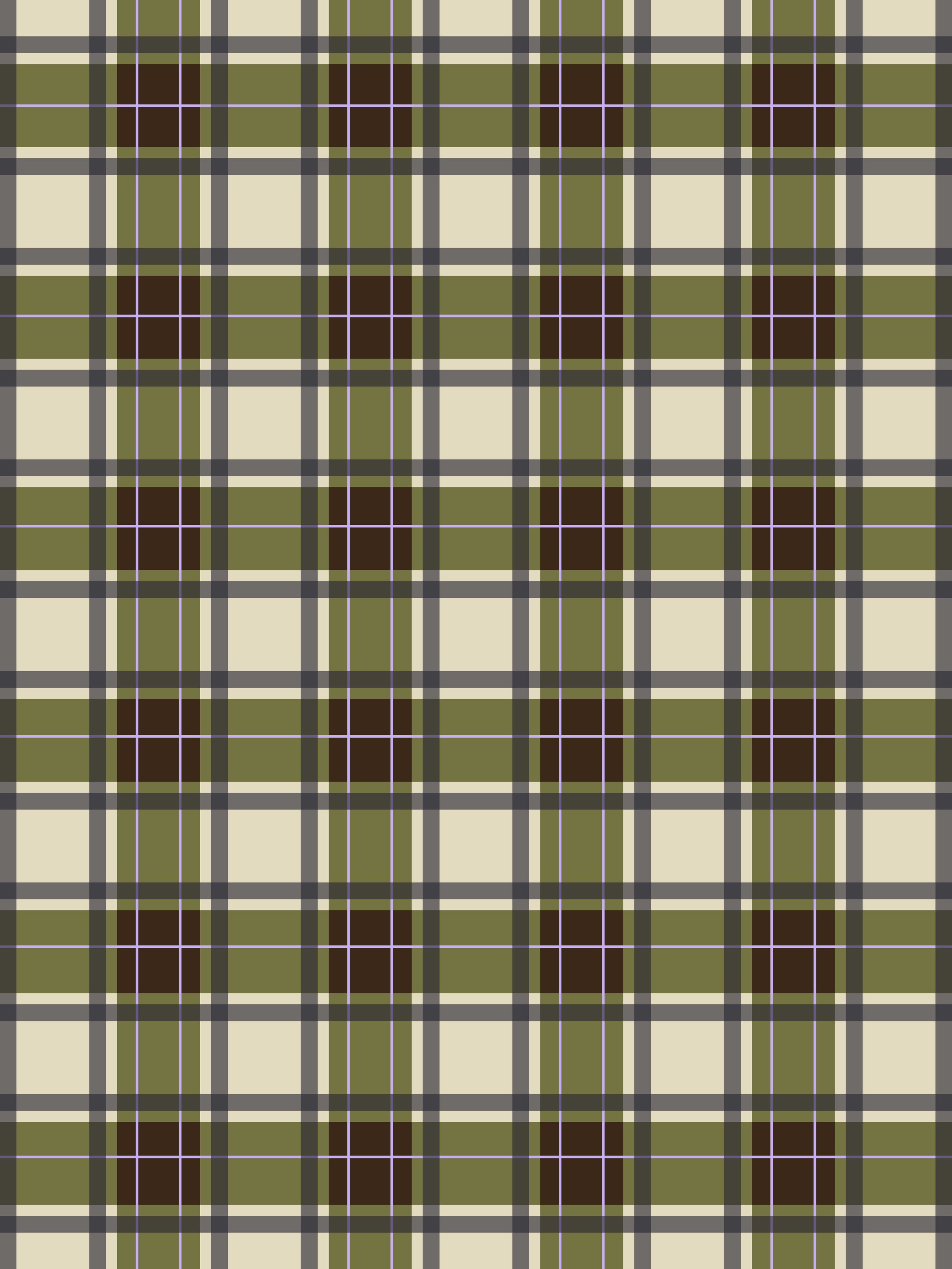 A close-up of a plaid fabric pattern with beige, olive green, dark brown, and black lines and purple vertical stitching.