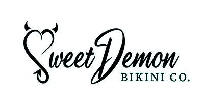 Logo for Sweet Demon Bikini Co. with a stylized devil's tail forming the letter 'S' and devil horns on the 'S' in 'Sweet'.