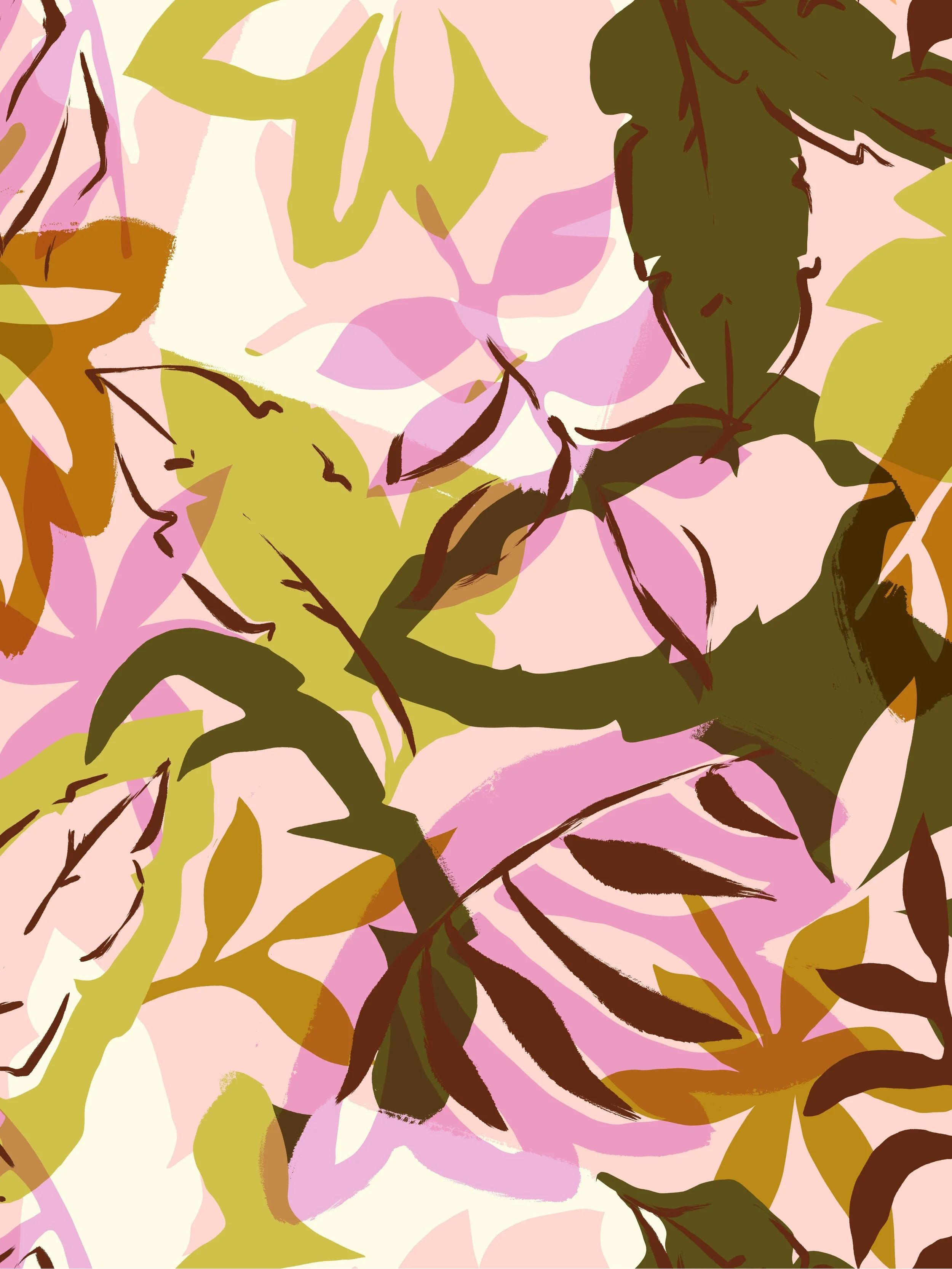 Abstract pattern of various leaves in green, pink, brown, and cream colors.