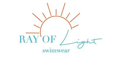 Logo featuring a stylized sun with orange rays above the text 'Ray of Light swimwear' in blue.
