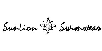 Logo for Sunlion Swimwear with a sun illustration in the center