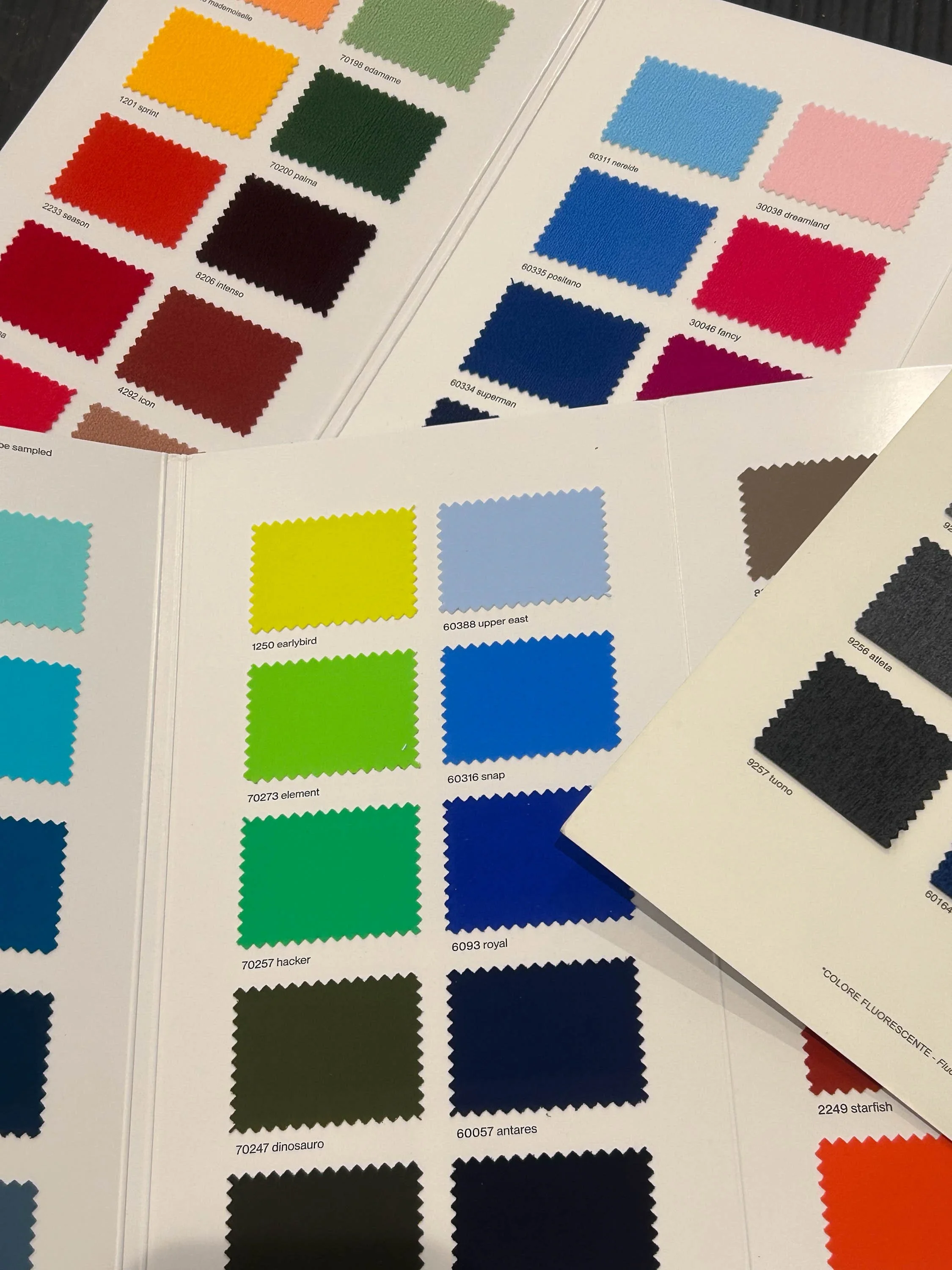 Color swatch sample book with various fabric or paint colors, including shades of red, green, blue, black, and yellow, each labeled with a name and number.