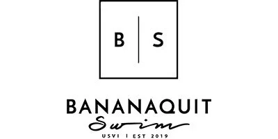 Logo for Banaqubit Swim, featuring a square divided vertically with B on the left and S on the right, and the text 'BANANAQUIT Swim' below, along with 'USVI | EST 2019'.