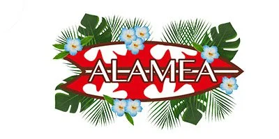 Sign with the word 'ALAMEA' in white letters on a red arrow-shaped background, surrounded by green tropical leaves and white and blue flowers.