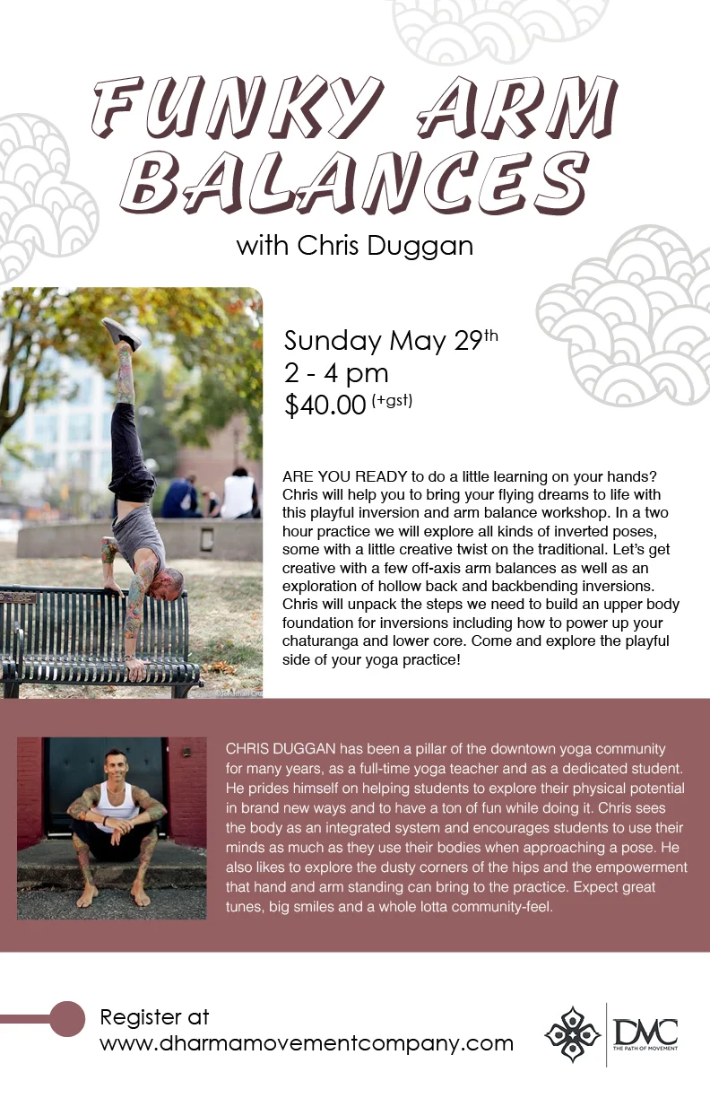 Poster: Dharma Movement Company, Funky Arm Balances workshop