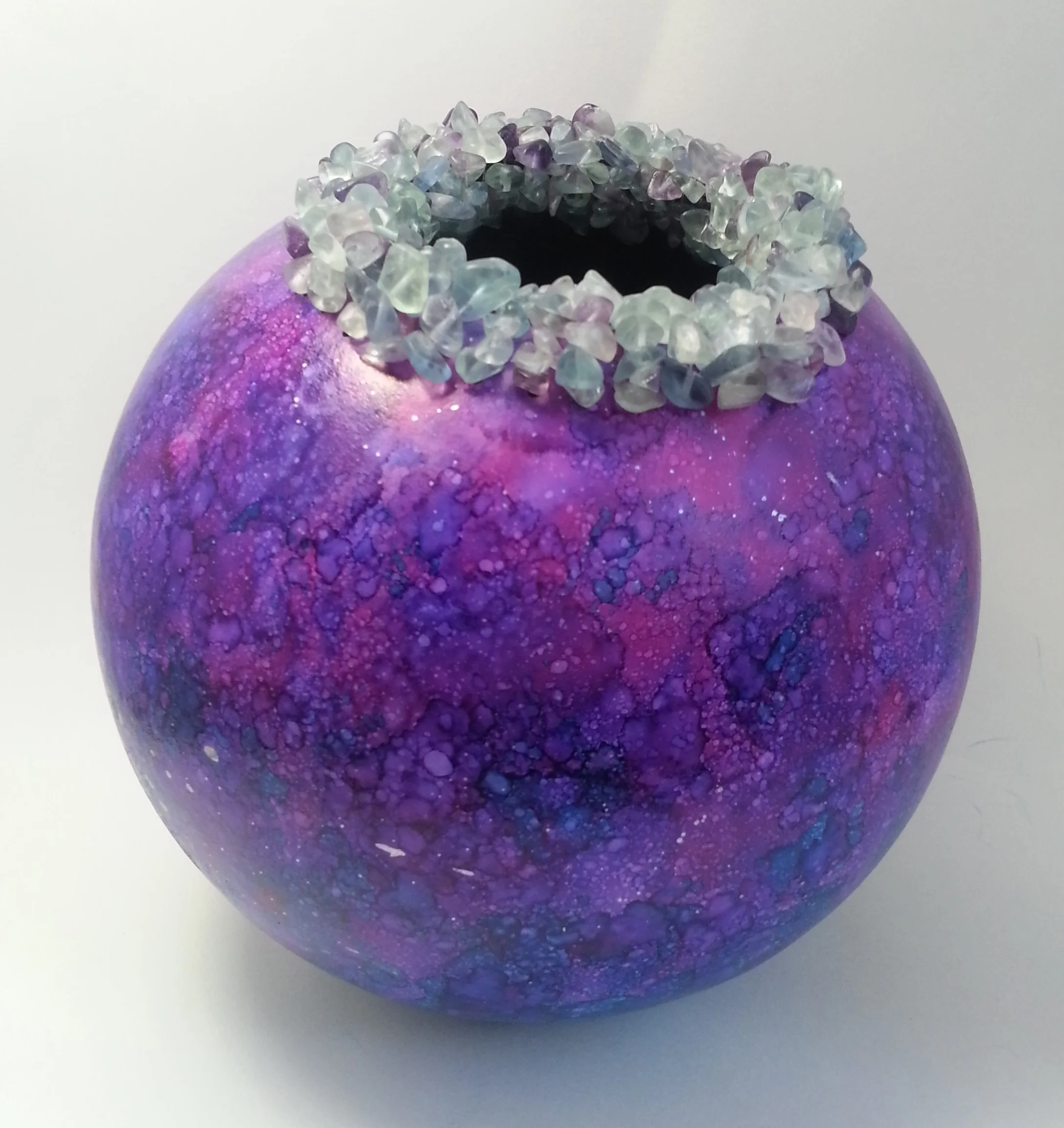 Alcohol Ink Cannon Ball Gourd with a Stone Chip Rim