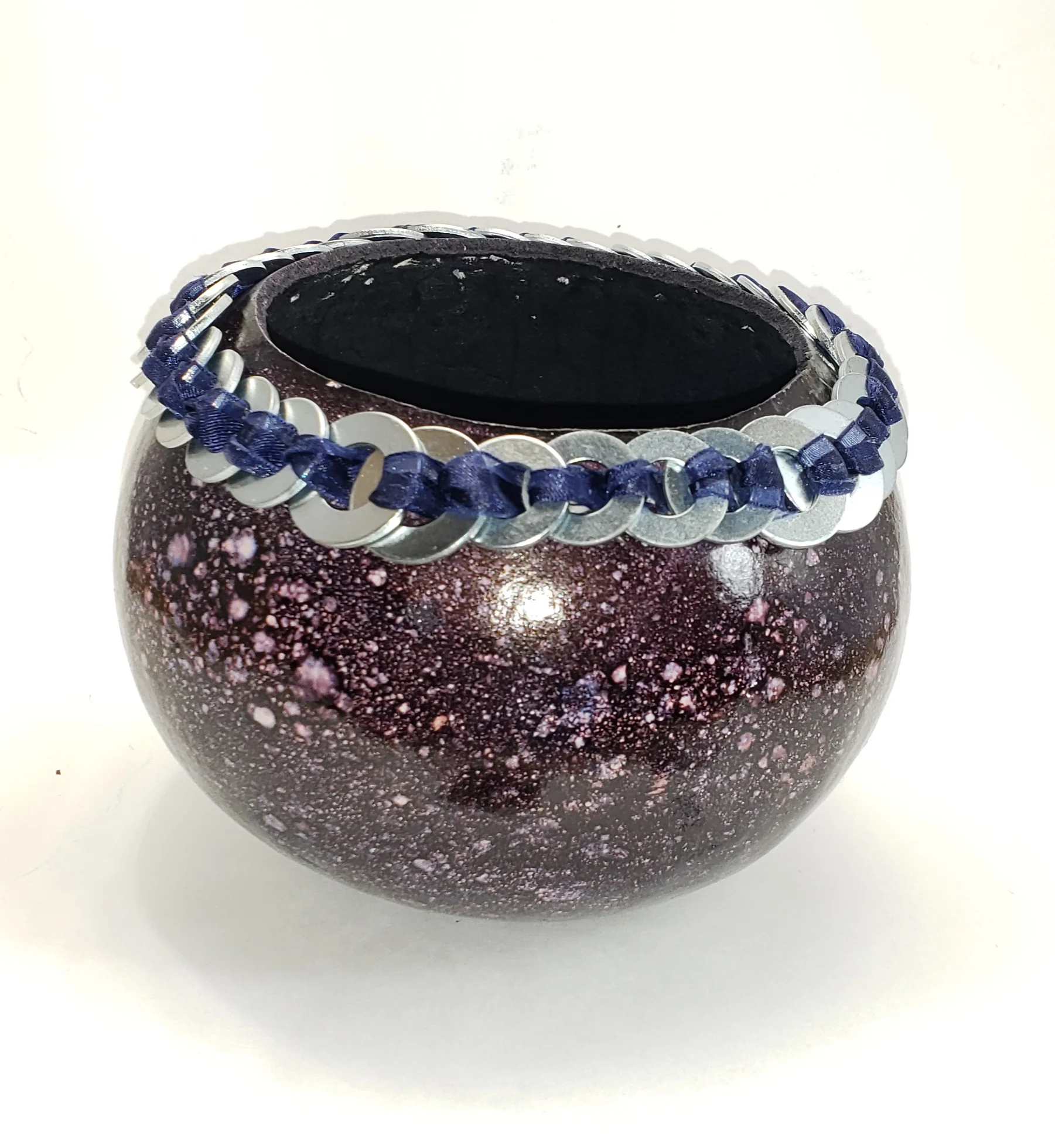 Gourd with washer and ribbon rim 2018 Alcohol Ink on a 4 inch Cannon Ball Gourd $50