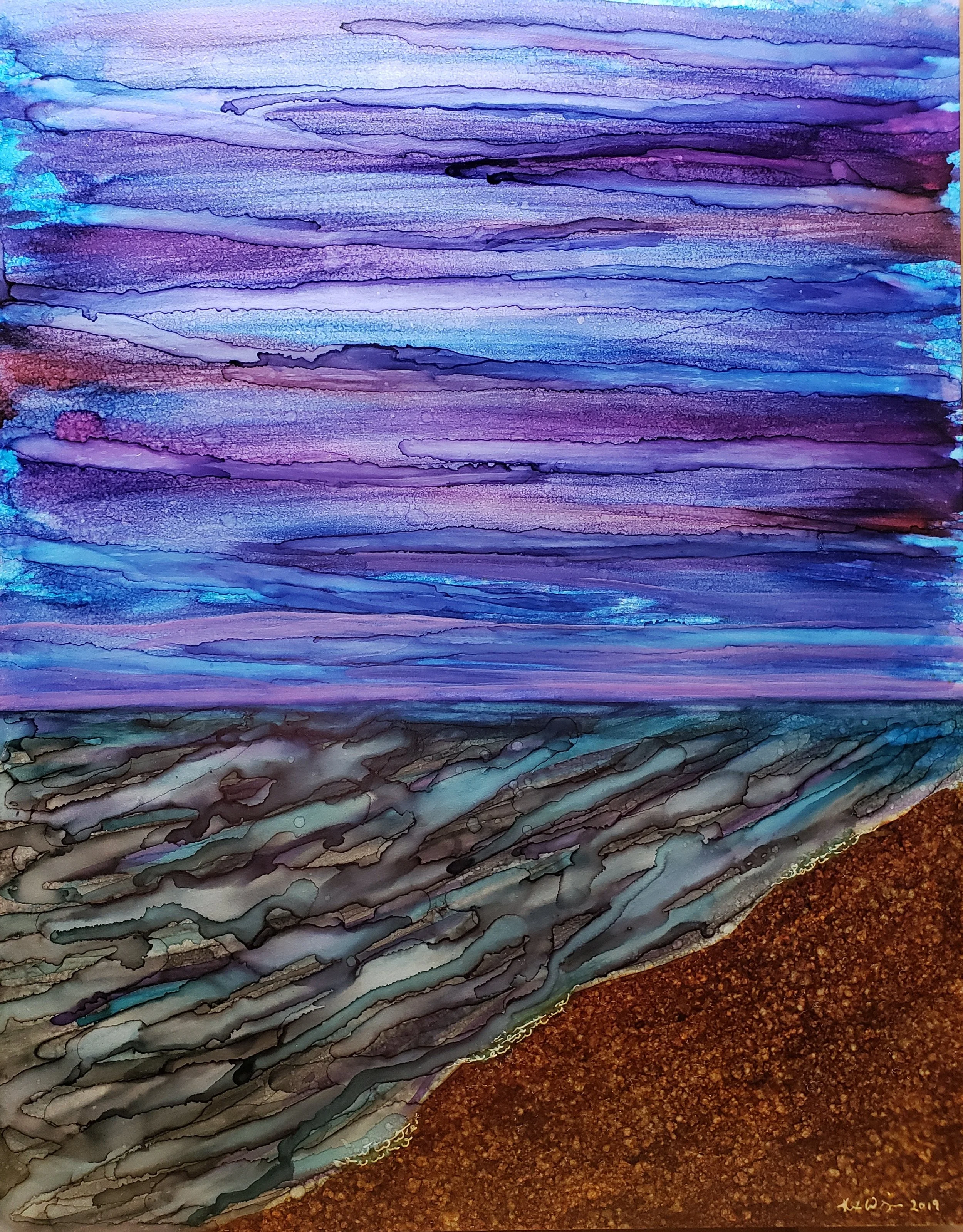 Night Beachscape 2019 11x14 Alcohol ink on Ecstatic Wax Board $350
