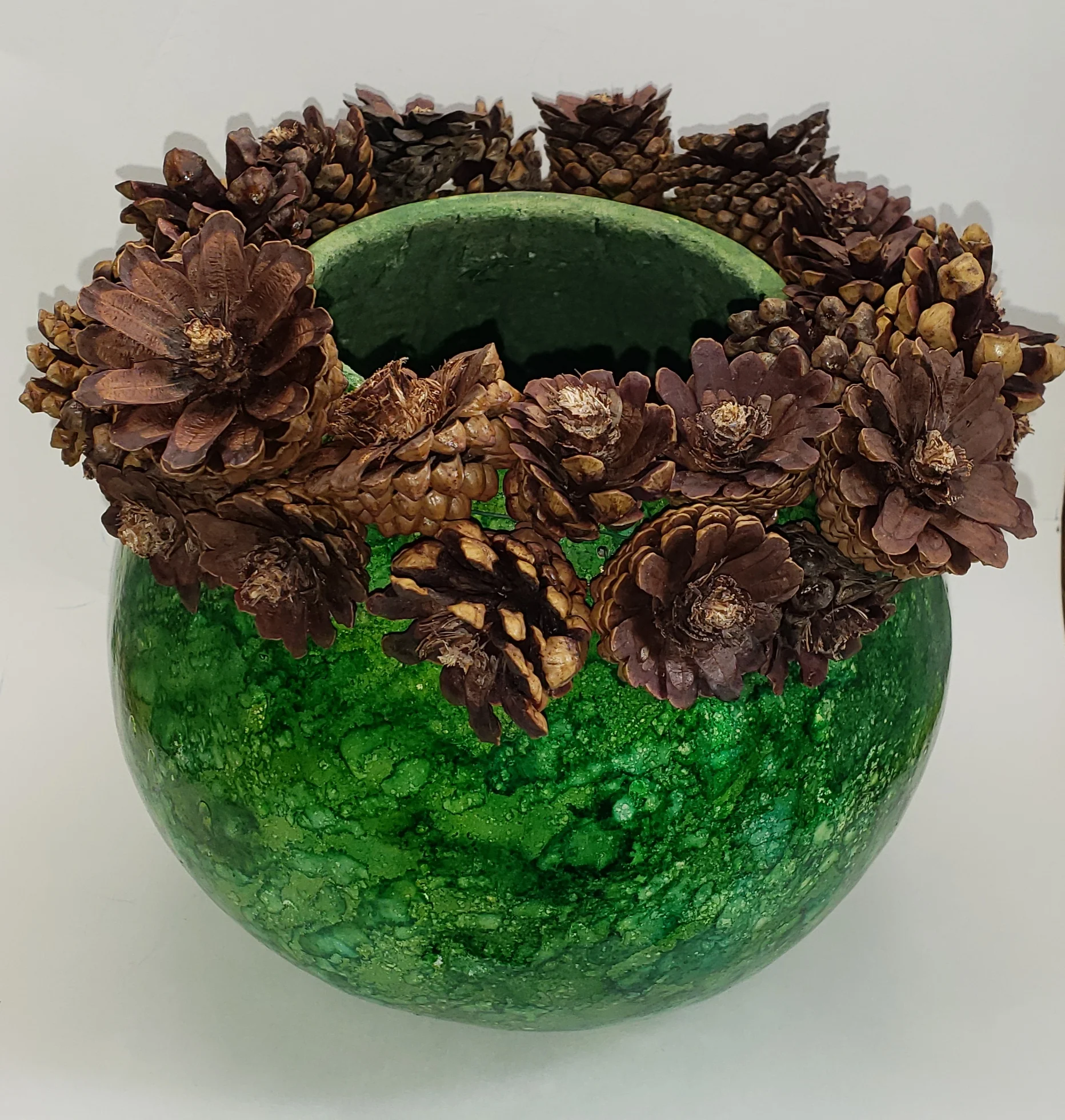 Gourd with Pine Cone flower rim 2019 Alcohol Ink on a Gourd with Pine Cones $100