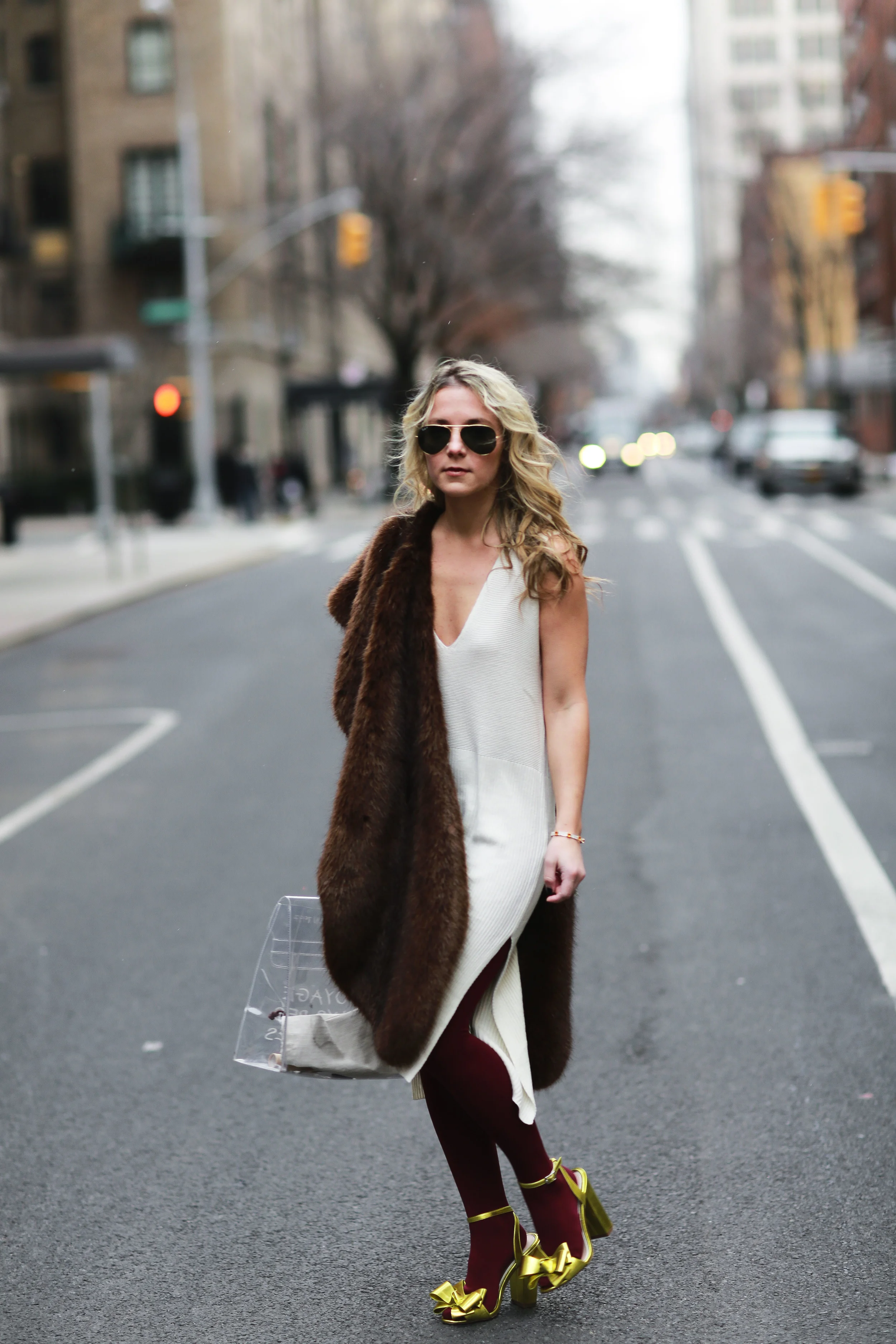 A Dress, a Faux Fur Stole & High Heels With Socks?