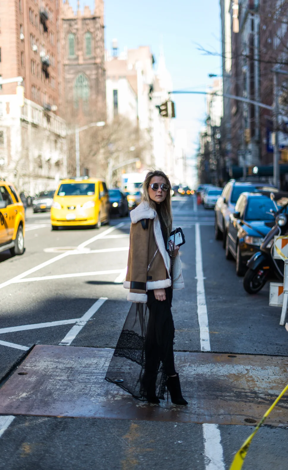 Sheer Skirt + Shearling Coat