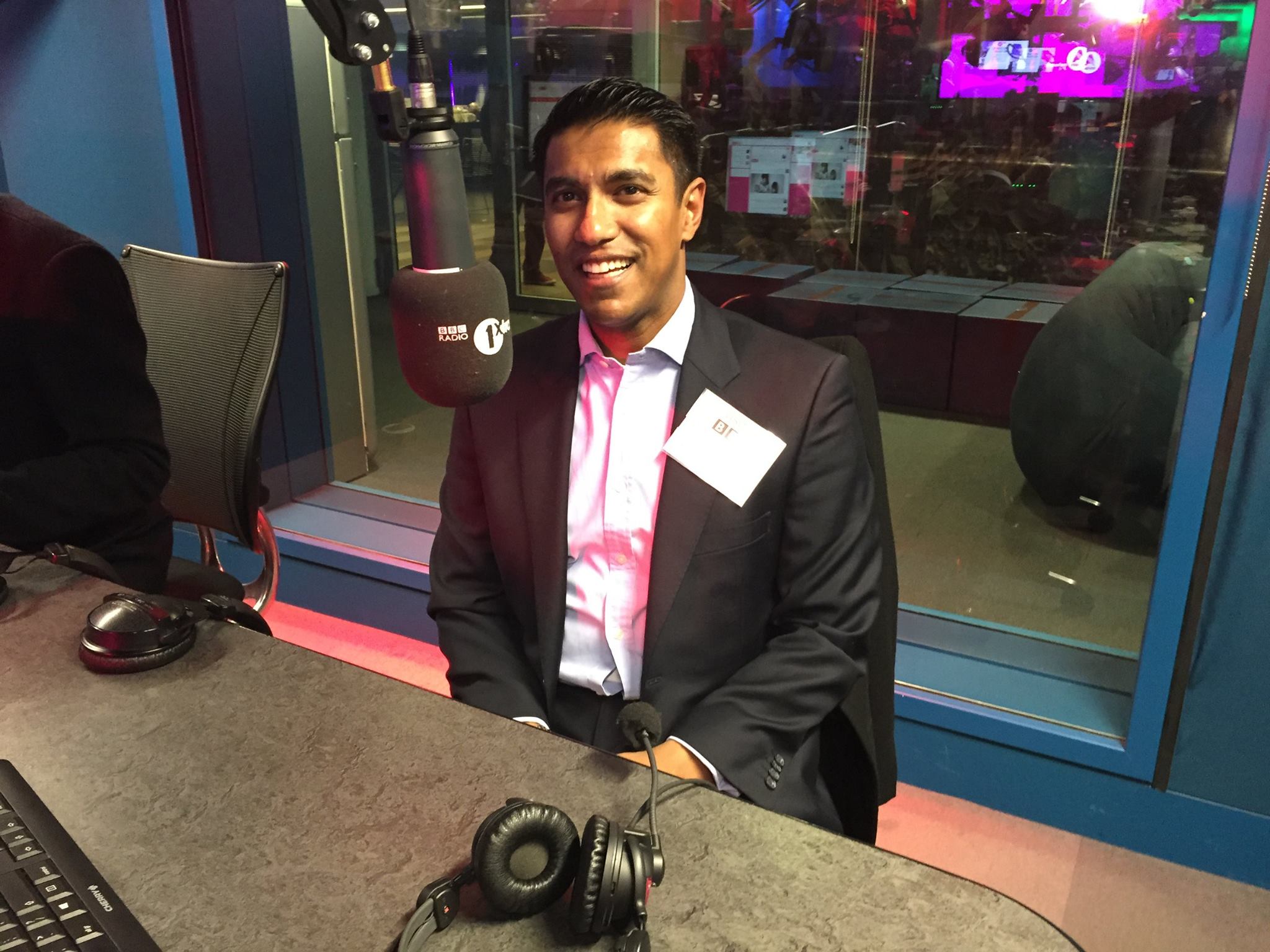 In the guest chair getting ready for interview at BBC Broadcasting House.