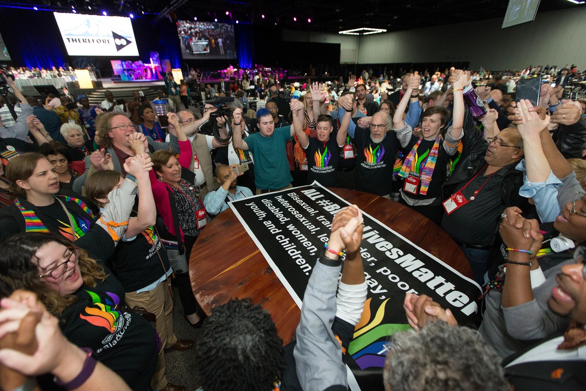 Protests around the center altar. Photo credit: Mike DuBose, UMNS