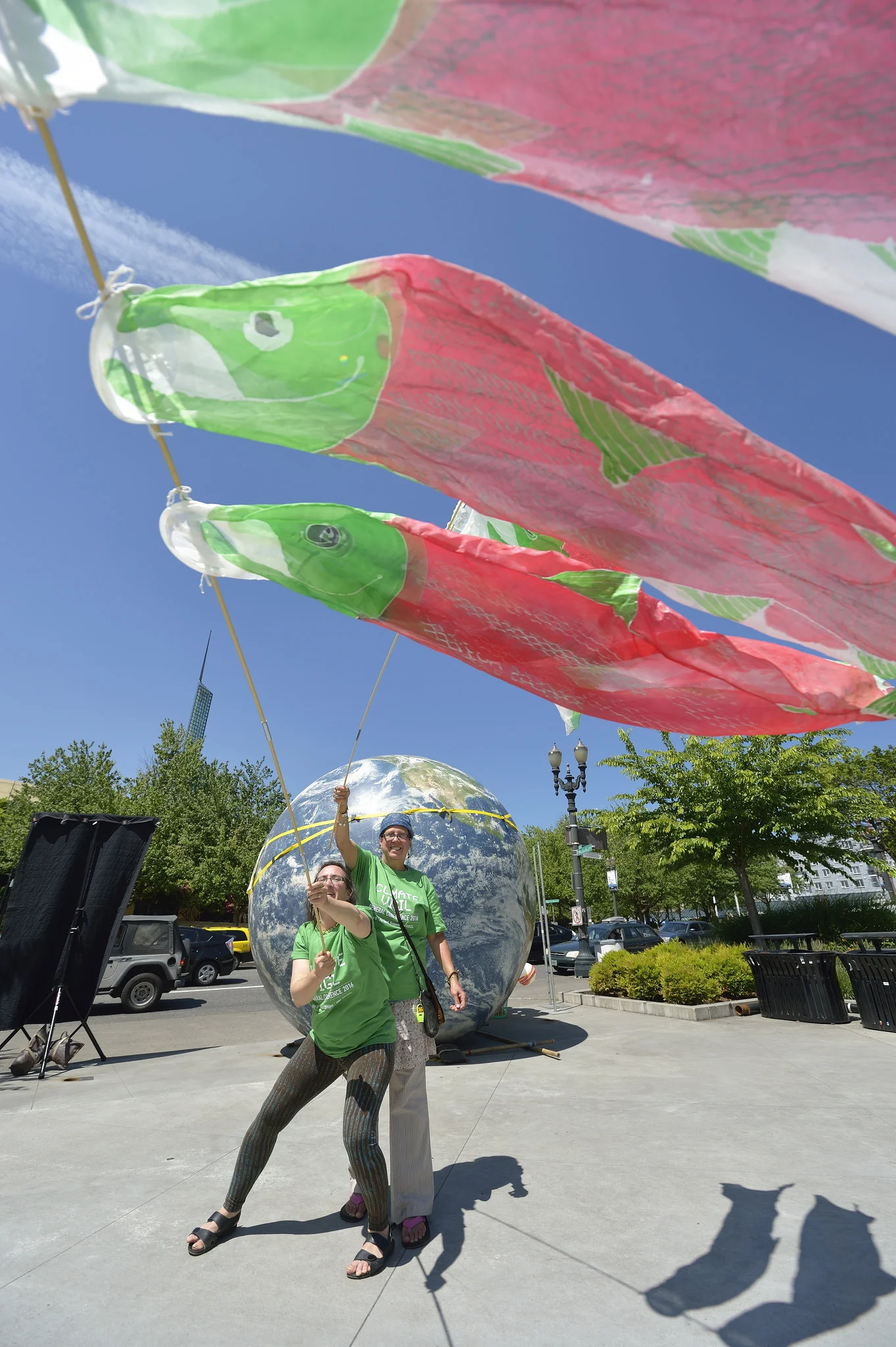 In preparation for the General Conference climate vigil, delegates fly "wind sockeyes". Photo credit: Paul Jeffrey, UMNS.