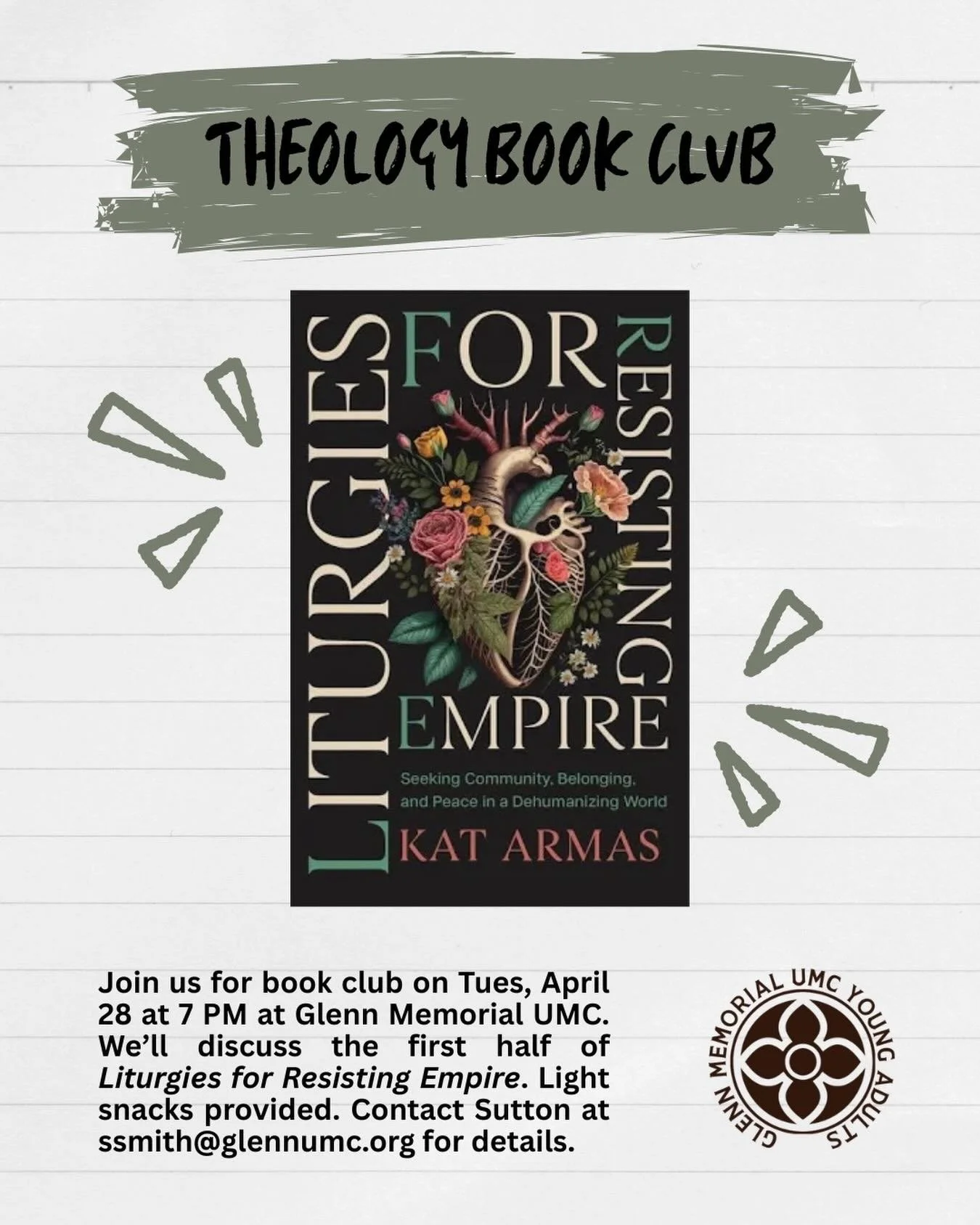 Over the next couple months, we&rsquo;ll spend time reading Liturgies for Resisting Empire by @kat_armas, and we&rsquo;d love for you to join us! Email Sutton or DM us for more information.