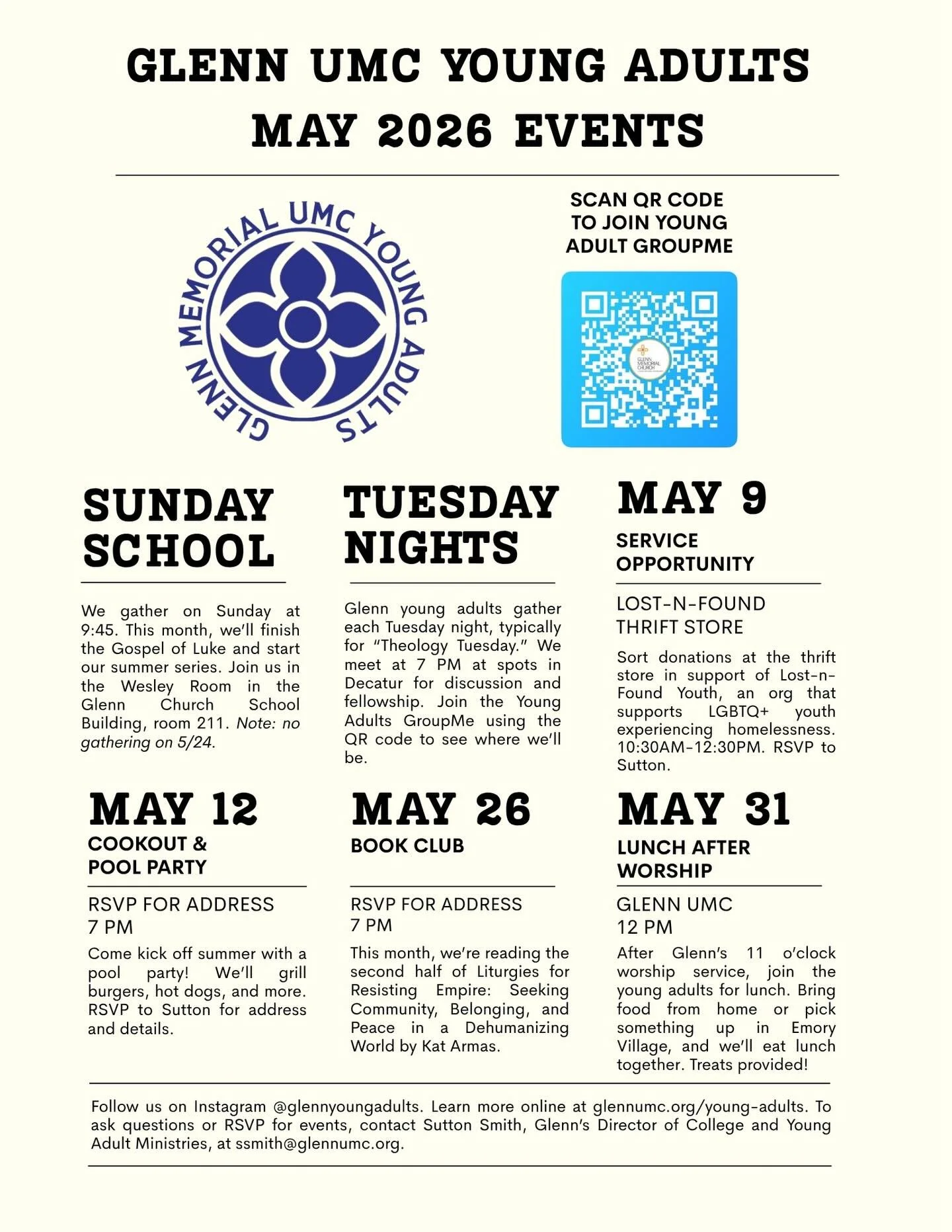 Check out our May events! We&rsquo;d love for you to join us for Bible study, volunteering, fellowship, and conversation. DM us here with questions or reach out to Sutton at ssmith@glennumc.org.