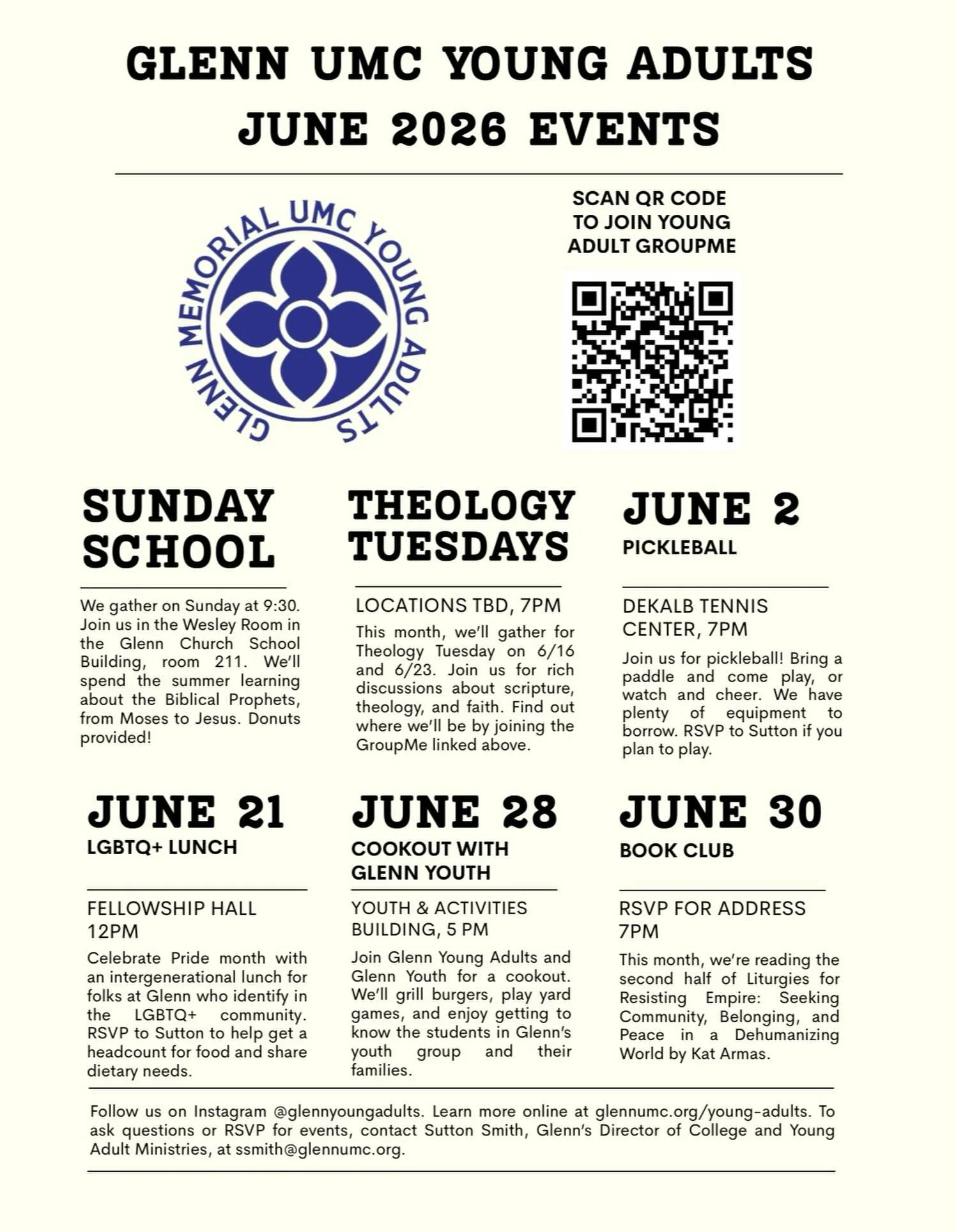 Lots of good stuff coming up with Glenn Young Adults in June, and we&rsquo;d love for you to join us! Learn more about these events at the link in our bio. Contact Sutton at ssmith@glennumc.org with questions or DM us here.