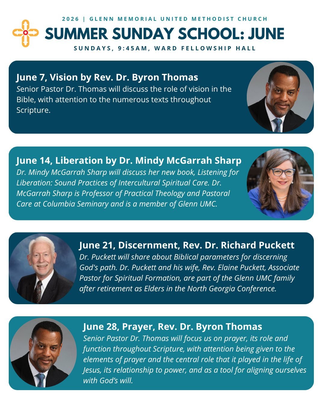 You're invited to our congregation-wide, Adult Summer Sunday School class as we listen, learn, and grow in discipleship together on Sundays at 9:45am in the Fellowship Hall. For the month of June, we'll be led by Rev. Dr. Byron Thomas for two session