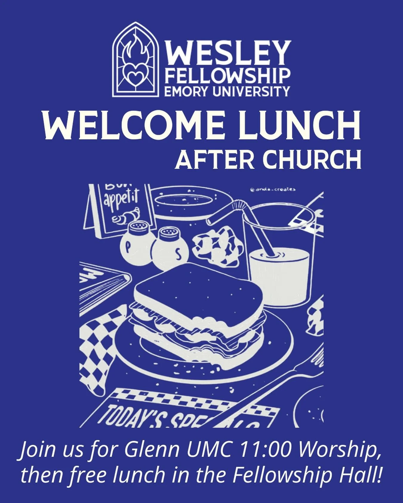 All undergrads and graduate students are invited to a free lunch this Sunday, August 23 at Glenn Memorial United Methodist Church! Join us for worship at 11 o&rsquo;clock in the Sanctuary, then we&rsquo;ll walk over to the Fellowship Hall for a meal 