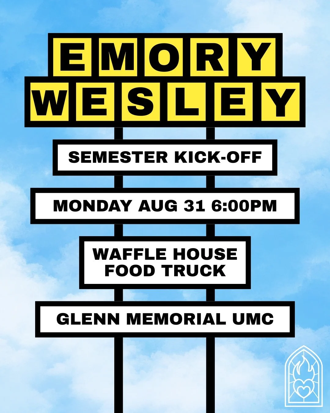 The countdown is ON! Kick off the semester with Emory Wesley Fellowship on Monday, August 31 with the WAFFLE HOUSE FOOD TRUCK! Free waffles, good music, great company. We'll see you there!