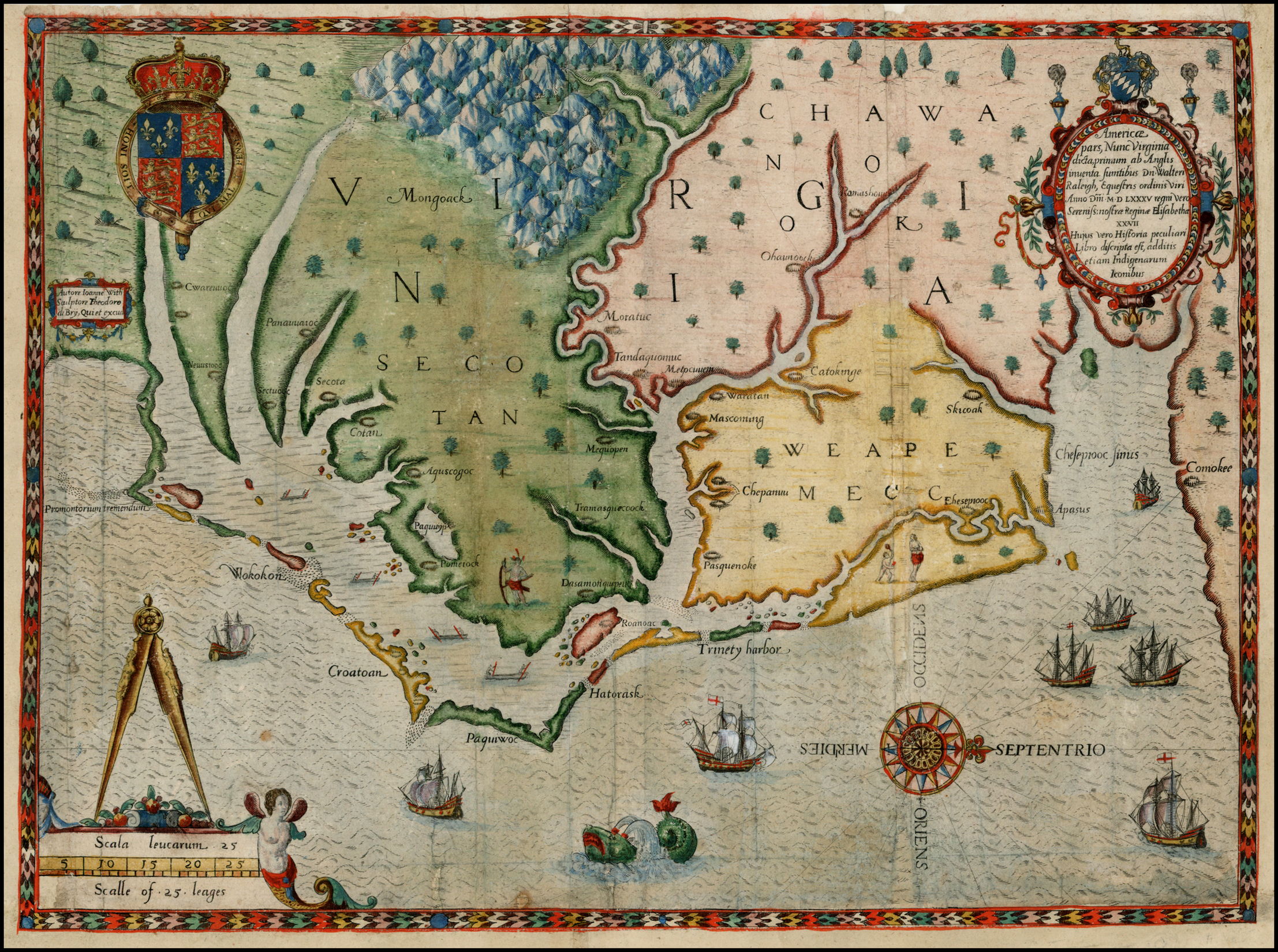 Virginia and Carolina Colonies. John White Exploration map. Circa 1585.