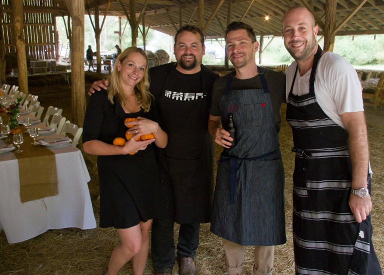 DARLENE AND MIKE MOORE WITH CHEF JACOB SESSOMS OF TABLE ASHEVILLE AND CHEF JARED LEVY OF THE EVELEIGH, LOS ANGELES : EAST COAST/WEST COAST DINNER