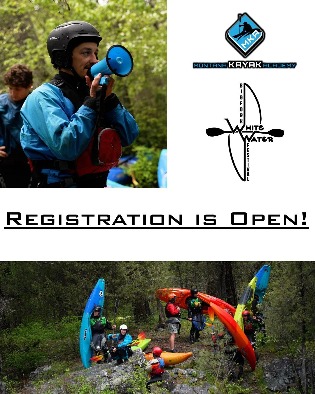 REGISTRATION IS NOW OPEN!

The 50th Annual Bigfork Whitewater Festival is officially taking signups&mdash;don&rsquo;t wait, spots are limited and they WILL go fast!

Get ready for a weekend packed with:
✅ Kayaking races
⛺ Camping under the stars
💃 D