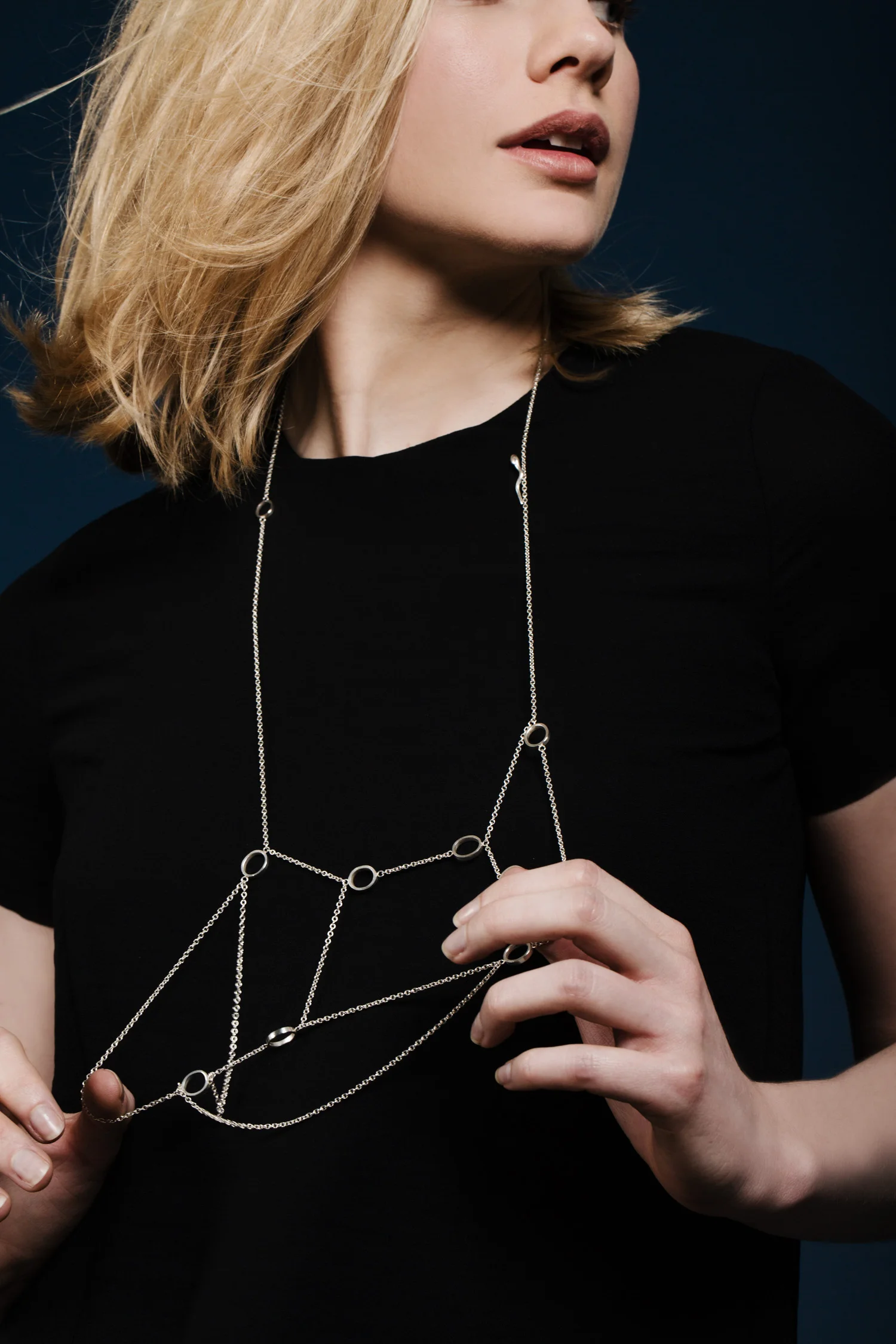 Egg chain in silver, worn long