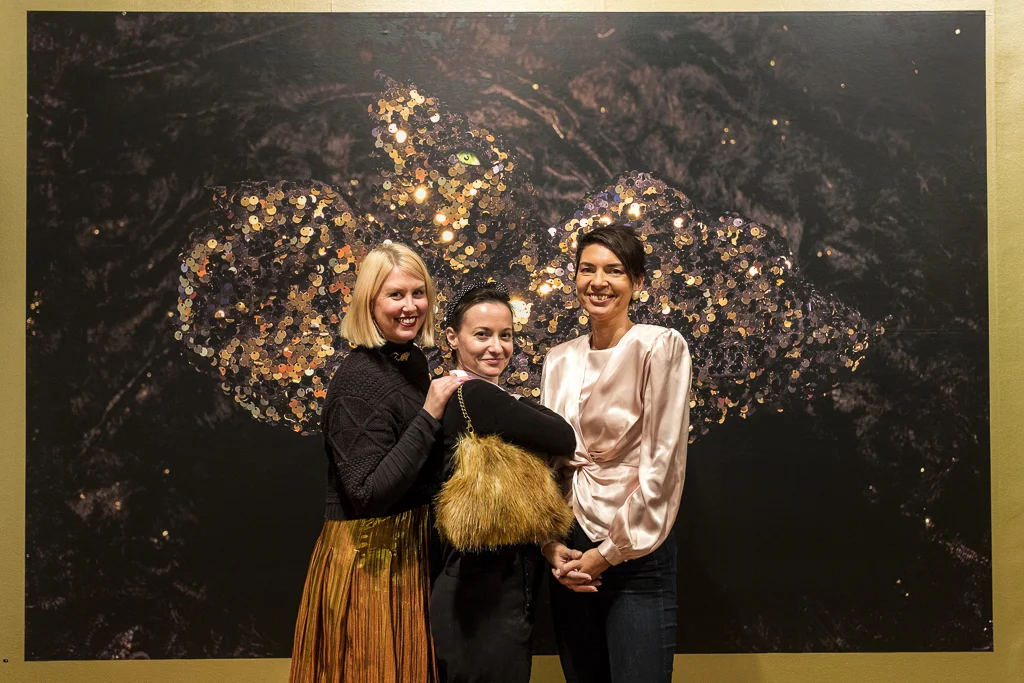 The 'Bedazzle' artists, (l to r) Tarryn Gill, Thea Costantino and Rebecca Dagnall with Tarryn Gill's 'Golden Eagle', 2016