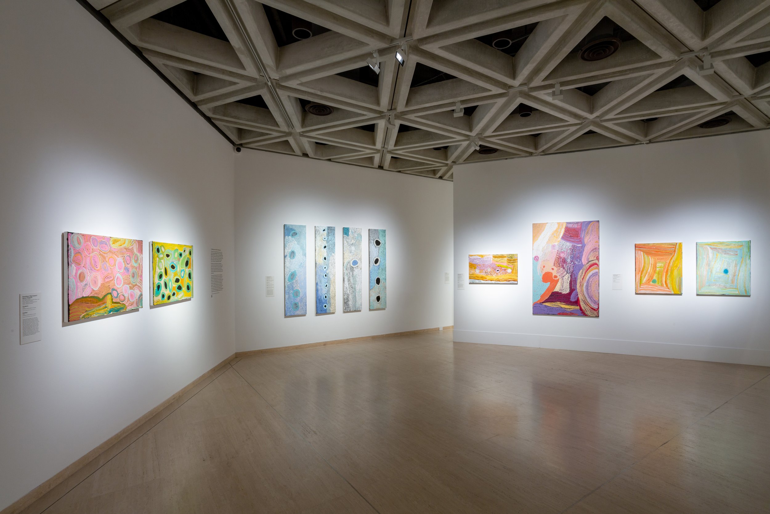 Solo and collaborative canvases by Mrs. N. Chapaman, Mulyatingki Marney and Maywokka Chapman, Spinifex Hill Studios