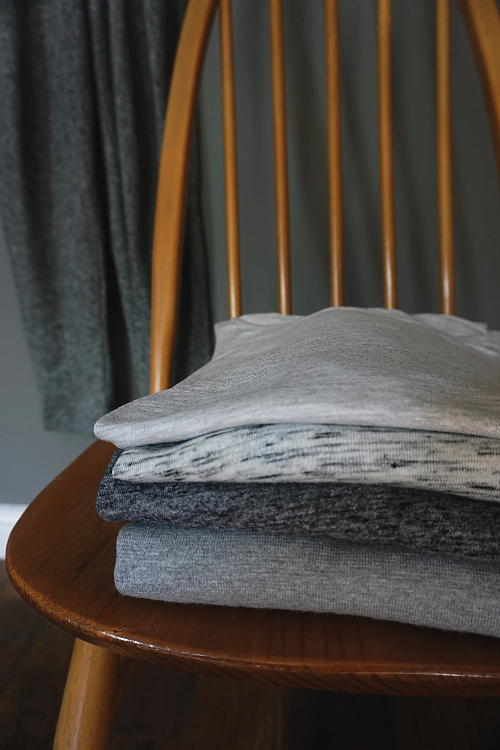 Bottom to Top: 1. Mid Grey Knit, Other Stories . 2. Dark Grey Flec Jersey, J Crew . 3. Light Grey Flec Jesery, H&M . 4. Super Soft Cotton Tee, COS .
