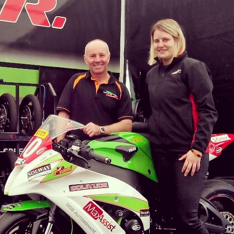 Nadieh and Team ILR owner/manager Ian Lougher with the Ninja ZX-10R at Brands Hatch in 2015.