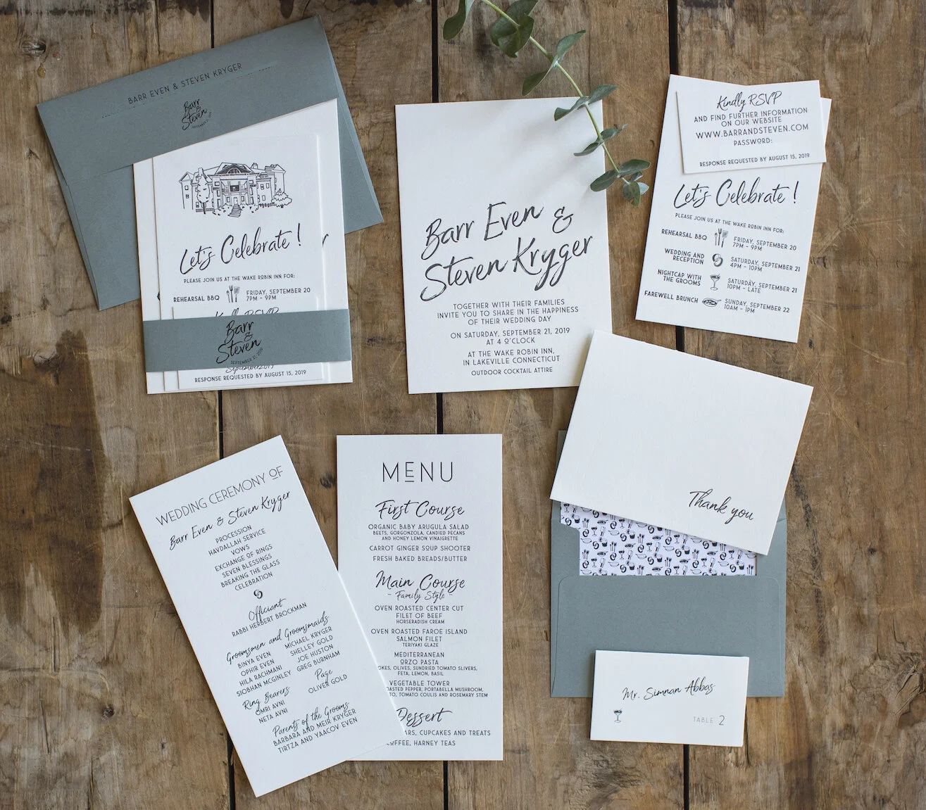 Client: Steven Kryger & Barr Even Project: Custom Wedding Suite Design & Print Letterpress & Digital prints on 110lbs and 220lbs Crane’s Lettra; Envelope and belly band color Slate Illustration by Liz Ryan