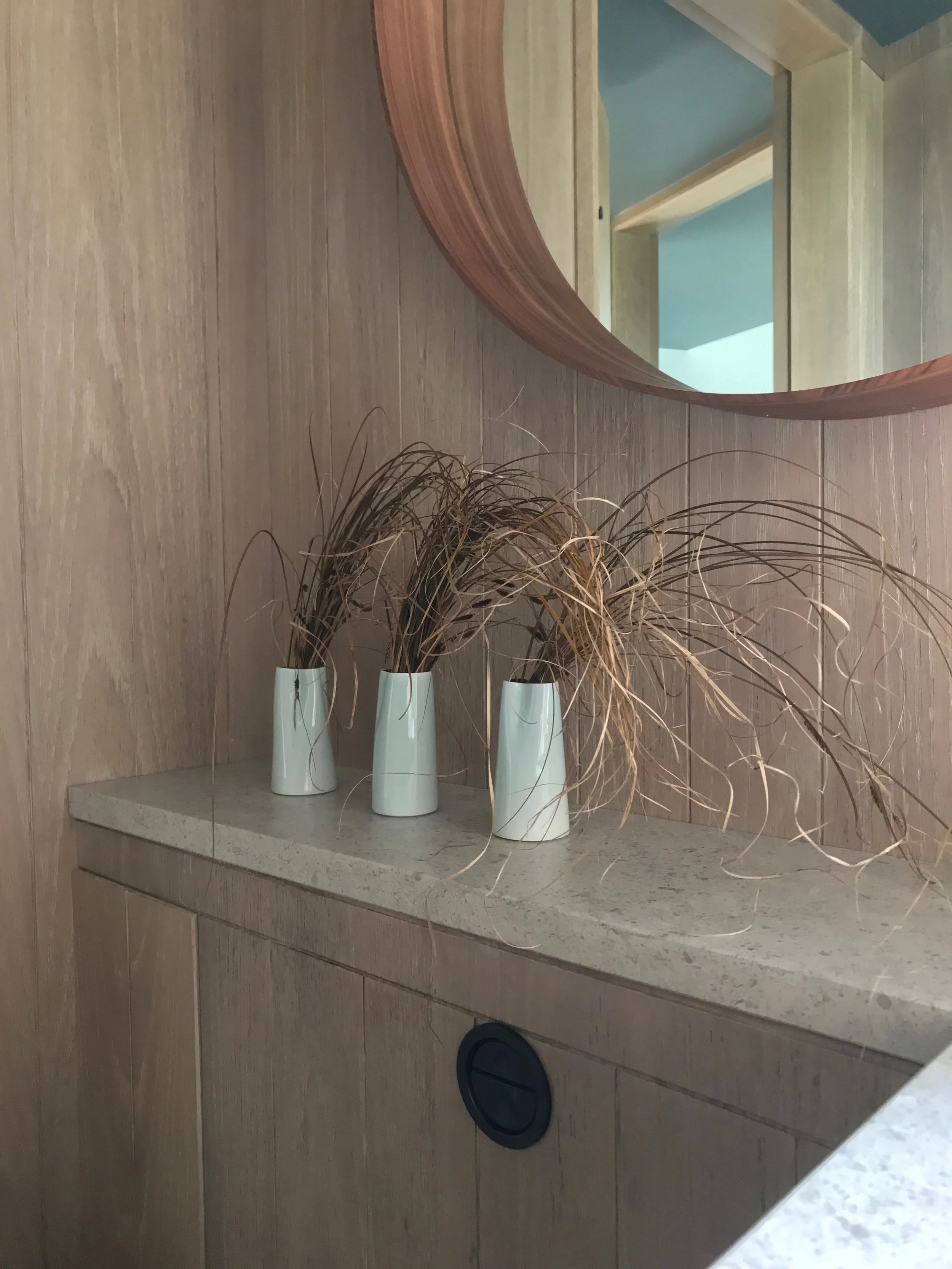 Cloakrooom detail, oak clad, black sanitaryware