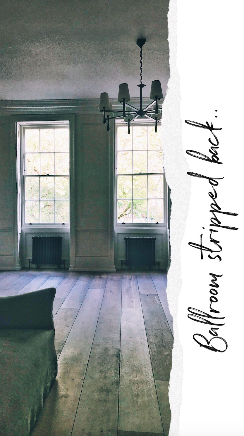 The ballroom runs across most of the first floor - new oak floors have been laid, the panelling painted, bronze chandeliers hung, and the linen sofas have arrived from Europe…awaiting installation