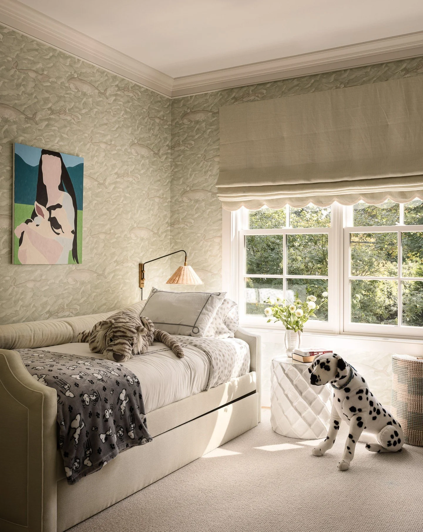 Set quietly at the front of the home, the daughter&rsquo;s bedroom feels calm and light-filled. Gentle patterns, natural textures, and soft greens designed with Sara Gilbane create a space that&rsquo;s both playful and timeless&mdash;rooted in comfor