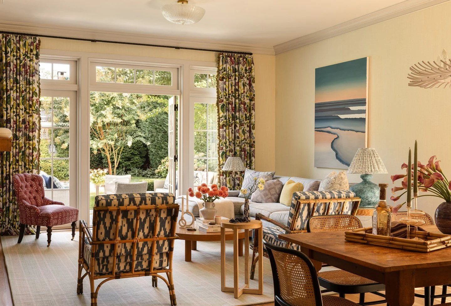 The living room opens directly to the garden, blurring the line between indoors and out. French doors invite the sound and light of the pool terrace beyond&mdash;creating a space that feels both connected and calm. Designed in collaboration with Sara