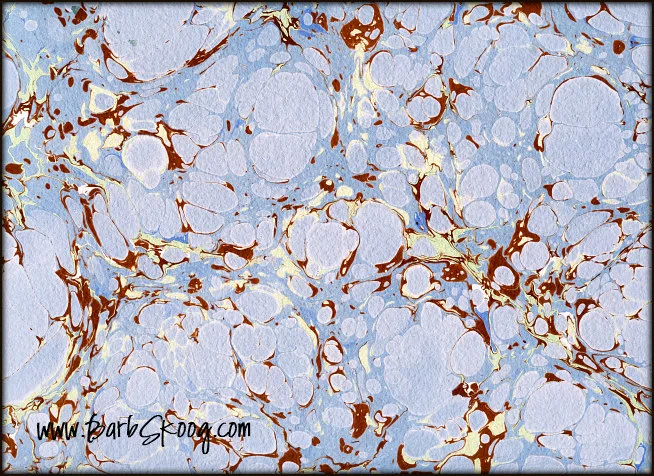 Some of the colors I chose to use reflected the "attitude" of the paper. This was a thick, heavily textured sheet with a blue hue that had a very classic, elegant feel to it that reminded me of New England. I used Titan Buff Green Hue, Raw Umber, and French Gray Blue to create this Stone pattern.