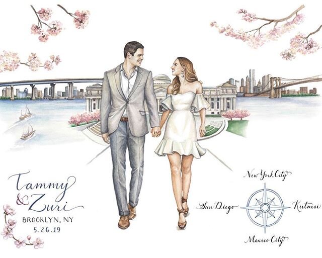 #tbt to this couples portrait I created for Tammy and Zuri last May for their dreamy New York wedding.  We painted the New York skyline behind her and the San Diego skyline behind him converging at the @brooklynmuseum where friends and families gathe