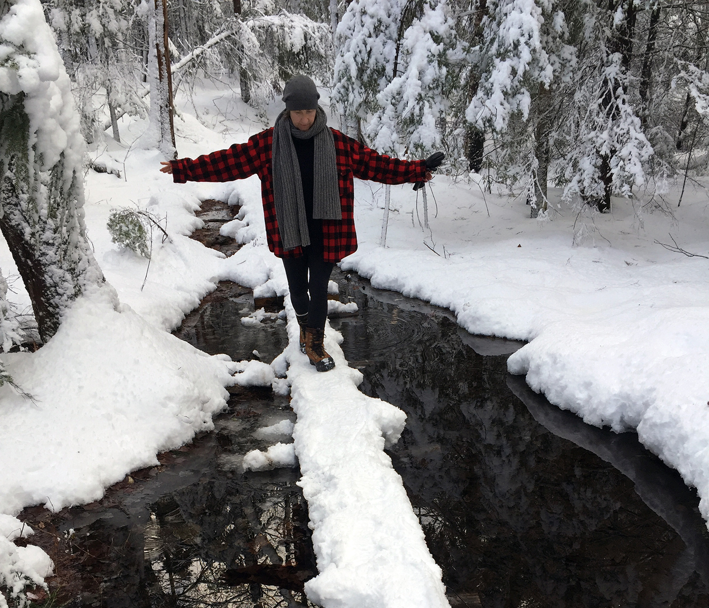 Walking in Wofles Neck Woods wearing a vintage L.L.Bean wool jacket, Freeport, Maine. Winter 2017. Photo by my husband, Michael Galanos.