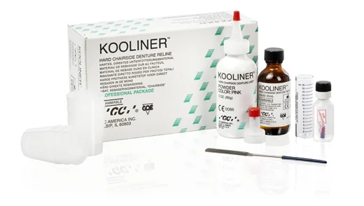 Kooliner Reliner Kit GC America is a hard, chairside reliner denture resin that has been formulated for reduced exothermic heat. Self-cure in the patient's mouth.
