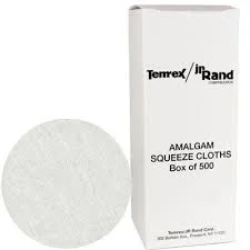 Amalgam Squeeze Cloths JR Rand 500/pkg are disposable and unbleached. Made of woven white cotton. 3" Round.