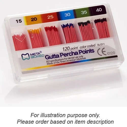 Meta Gutta Percha Points Color Coded, Spill-Proof Box of 120. Used for faster and easier root canal obturation. Available in variable tapers and sizes.
