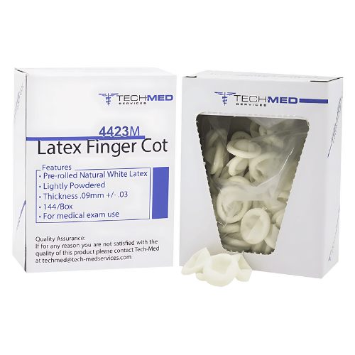 Finger Cot Latex TechMed. 4423L, 4423M, 4423S Non-Powdered, Pre-rolled Natural White Latex. Thickness .09mm +/-.02. For medical exam use. Browse dental Finger Cot Latex TechMed