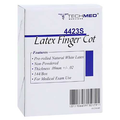 Finger Cot Latex TechMed. 4423L, 4423M, 4423S Non-Powdered, Pre-rolled Natural White Latex. Thickness .09mm +/-.02. For medical exam use. Browse dental Finger Cot Latex TechMed