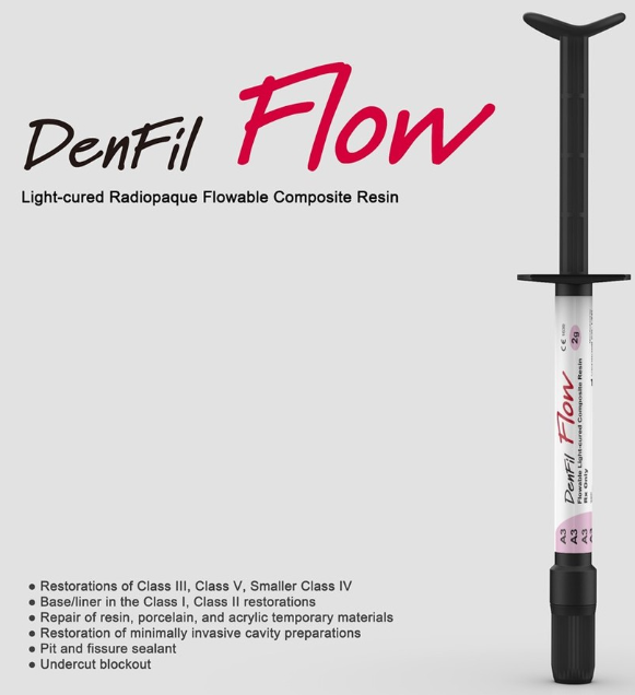DenFil Flowable Composite Resin Vericom syringe is a light cured radiopaque flow able composite resin.