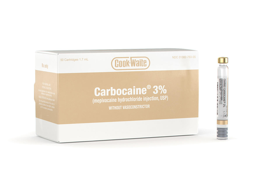 Cook-Waite Carbocaine 3% Mepivacaine HCl without epinephrine. Local Anesthetic without Vasoconstrictor. Features 1.7mL x 50 cartridges.