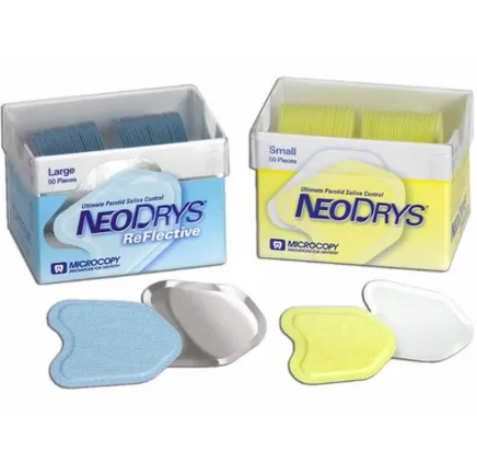 NeoDrys Microcopy are used to absorb saliva from the parotid gland. Reflective and they have a semi-permeable barrier to capture the saliva with super absorbent particles.