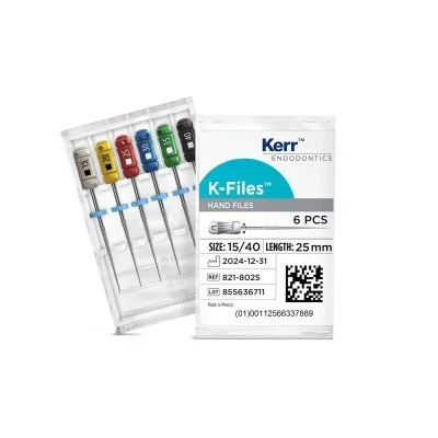 Kerr K-Files 6/pk are stainless steel with 21mm and 25mm sizes. The strongest Sybron Endo hand files. Gives the operator a smooth tactile sense inside the canal.
