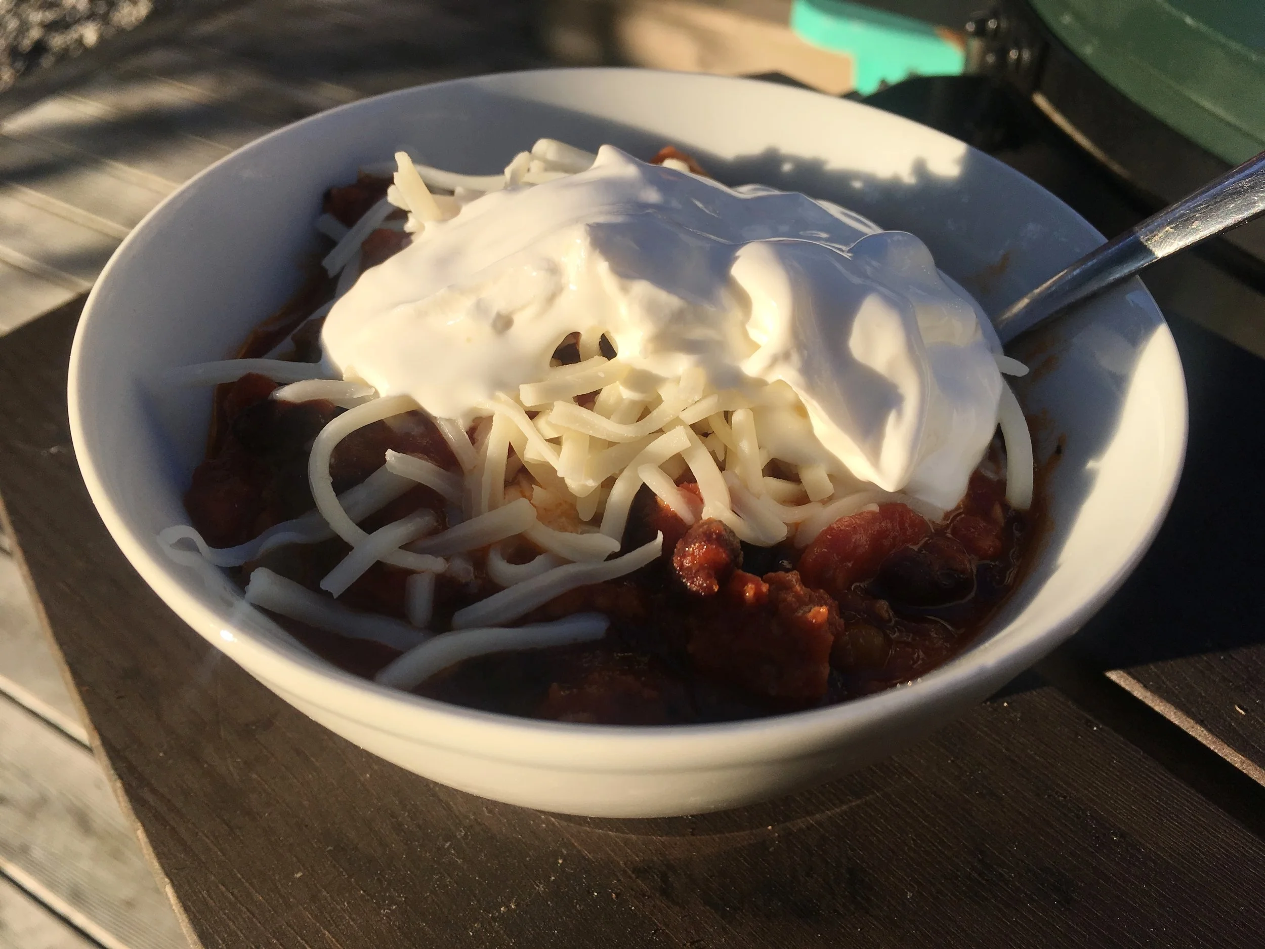 Topped with cheddar and sour cream.